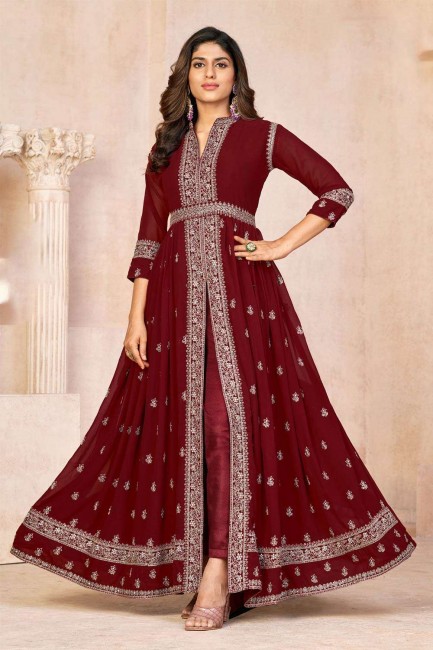 Georgette Maroon Embroidered Anarkali Suit with Dupatta