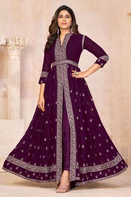 Georgette Purple Embroidered Anarkali Suit with Dupatta