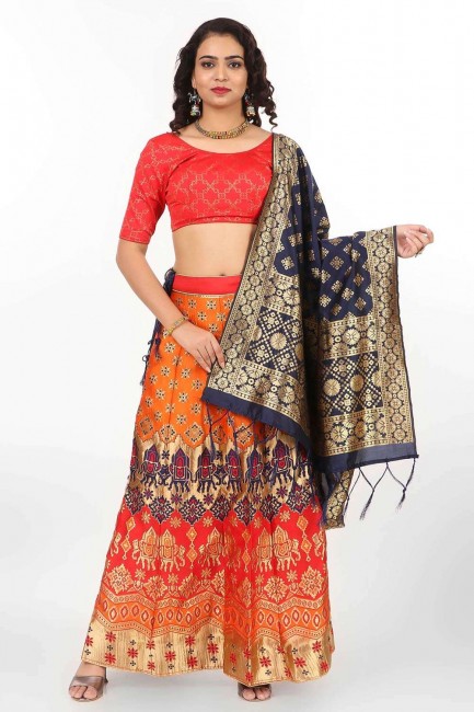 Orange Lehenga Choli in Banarasi silk with Weaving