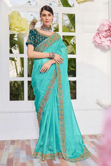 Sea green Saree in Organza with Embroidered