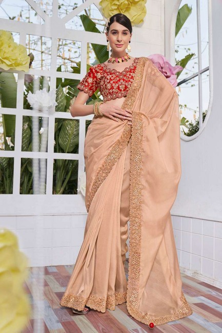 Peach Saree in Organza with Embroidered