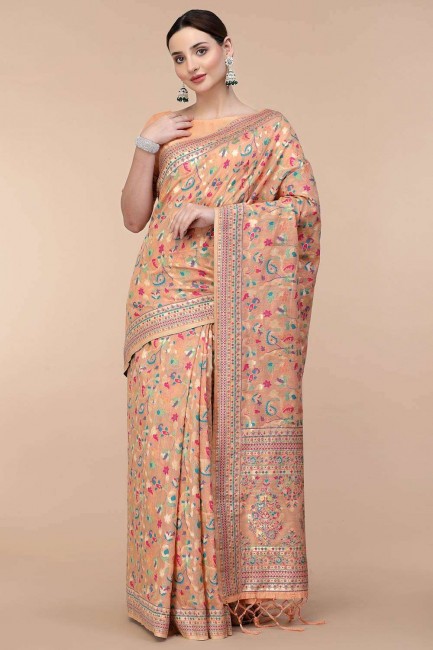 Peach Thread,weaving Saree in Silk