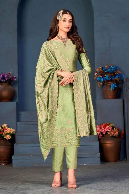 Silk Pista  Salwar Kameez in Embroidered