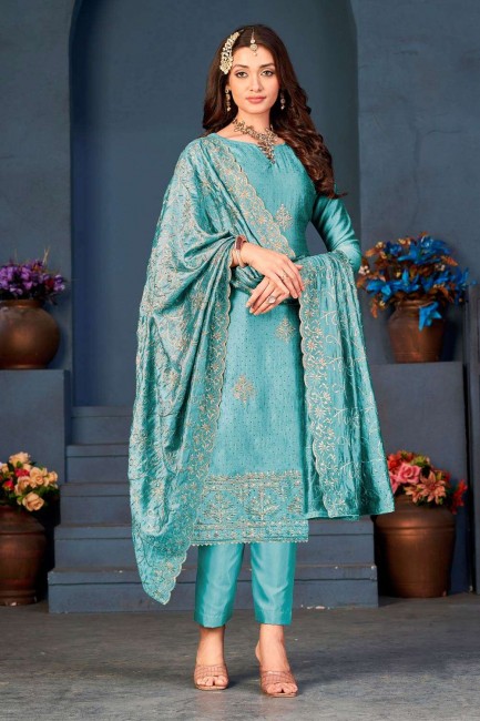 Silk Sky blue Salwar Kameez in Embroidered