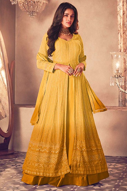 Embroidered Georgette Yellow Anarkali Suit with Dupatta