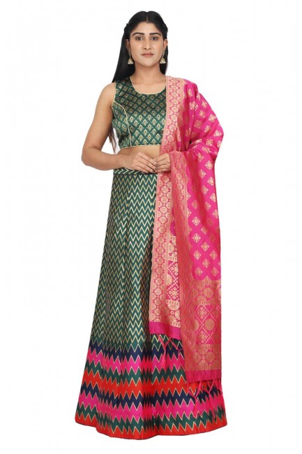 Green Lehenga Choli in Banarasi silk with Weaving