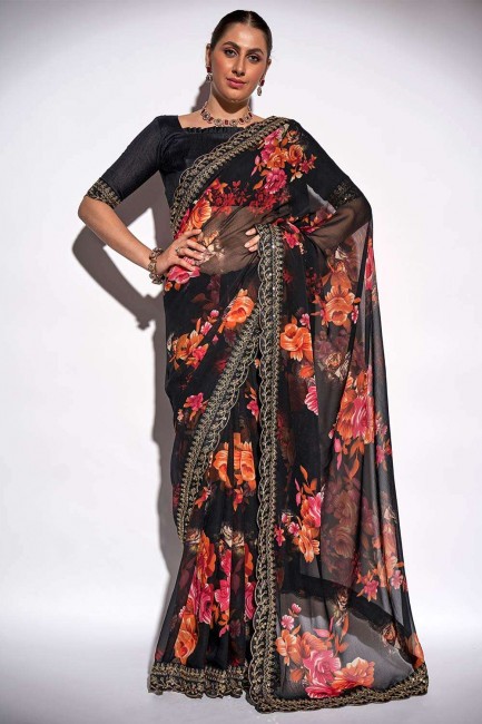 Georgette Saree with Embroidered,printed,lace border in Black