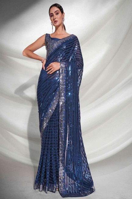 Saree Blue with Embroidered Georgette