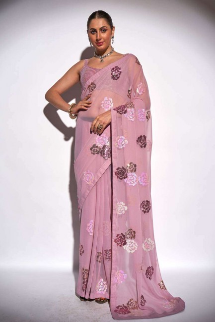 Saree Pink with Embroidered Georgette