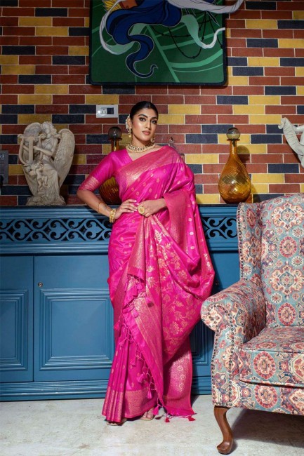 Pink Saree with Zari,weaving Raw silk
