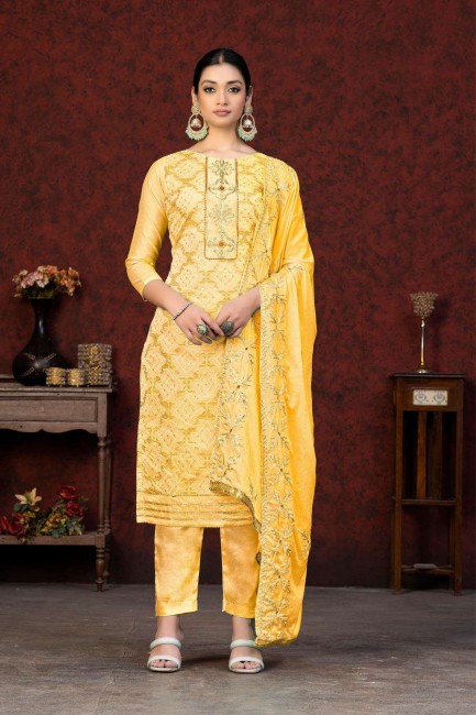 Cotton Yellow Salwar Kameez in Printed