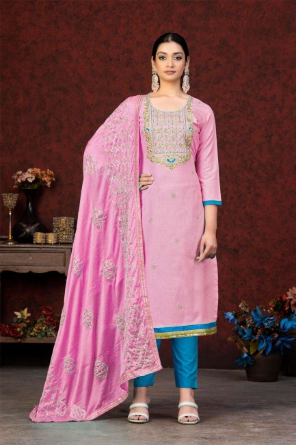 Pink Embroidered Salwar Kameez in Cotton