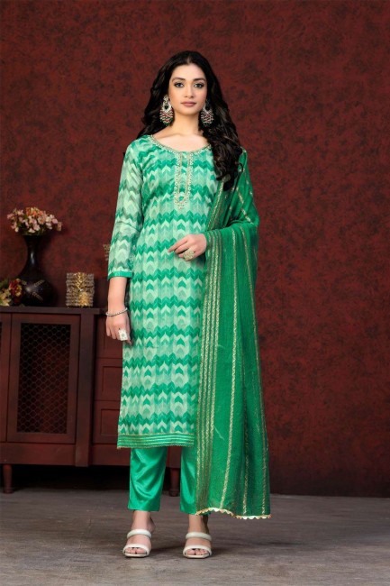 Silk Green Salwar Kameez in Printed