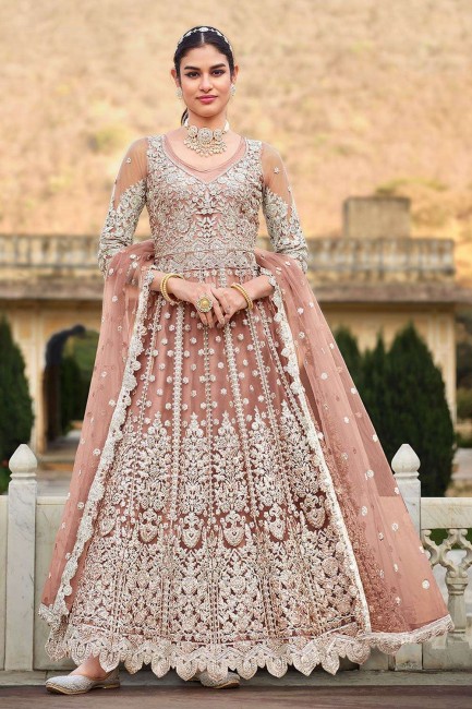 Net Pakistani Suit with Embroidered in Peach