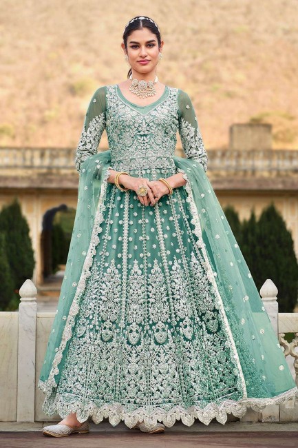 Embroidered Net Pakistani Suit in Green with Dupatta