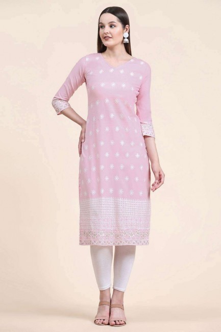 Cotton Straight Kurti in Purple with Embroidered