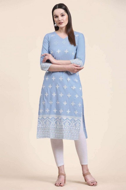 Blue Cotton Straight Kurti with Embroidered