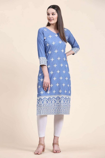 Embroidered Straight Kurti in Blue Cotton