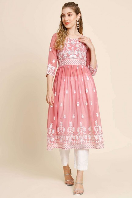 Georgette Frock Kurti with Embroidered in Peach