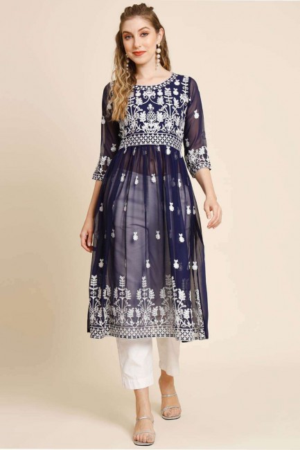 Blue Frock Kurti in Georgette with Embroidered