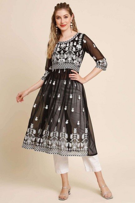 Black Frock Kurti in Georgette with Embroidered