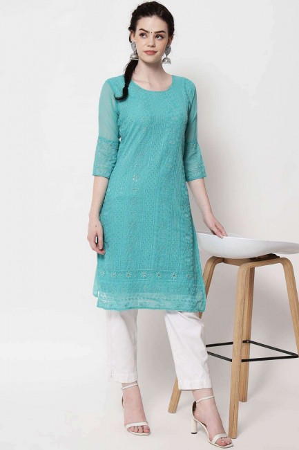 sky blue  Frock Kurti with Embroidered Georgette