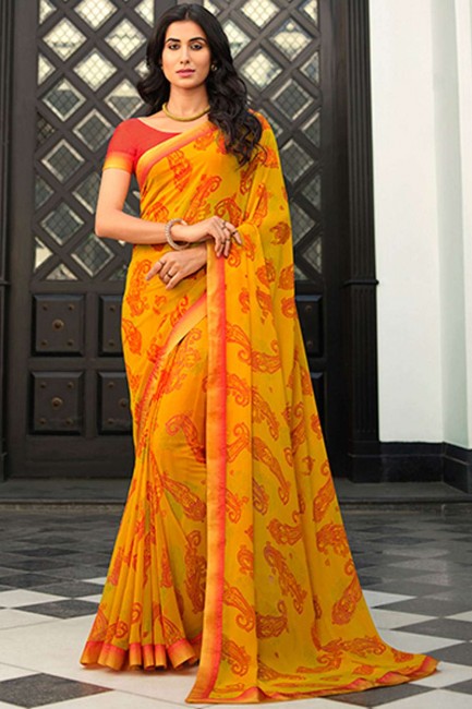 Yellow Saree with Printed,lace border Georgette
