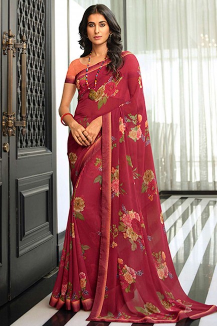 Beet  Saree in Georgette with Printed,lace border