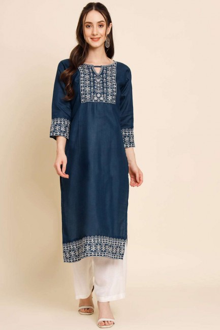 Navy blue Straight Kurti in Embroidered Cotton