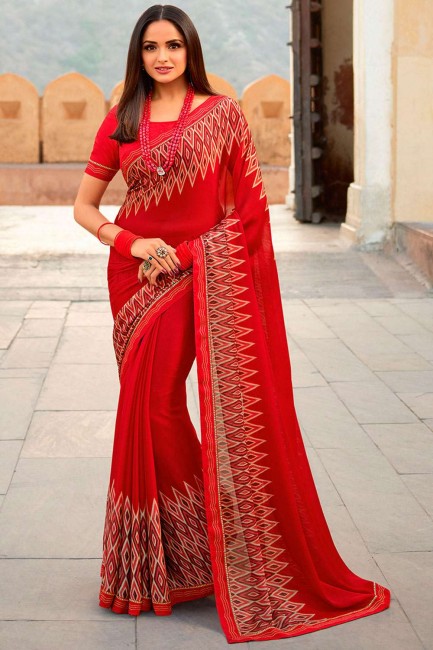 Printed,lace border Georgette Saree in Red