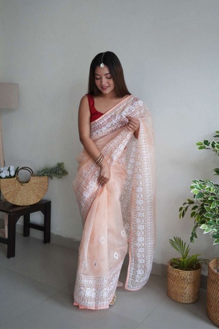 Organza Peach Party Wear Saree in Embroidered