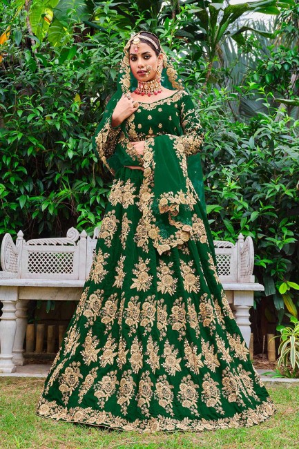 Velvet Stone with moti Wedding Lehenga Choli in Green with Dupatta