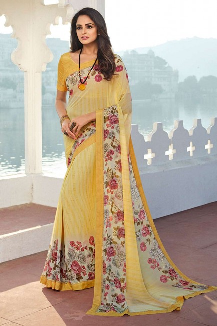 border Printed,lace Georgette Saree in Yellow with Blouse