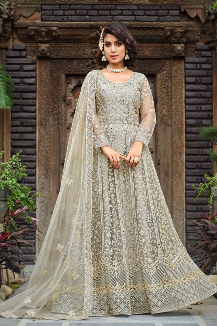 Grey Net Embroidered Anarkali Suit with Dupatta