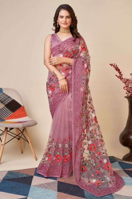 Thread,embroidered Soft net Saree in Coral  with Blouse