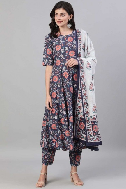Printed Cotton Blue Anarkali Suit with Dupatta