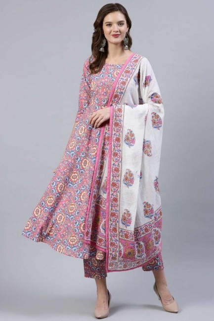 Cotton Anarkali Suit in Pink with Printed