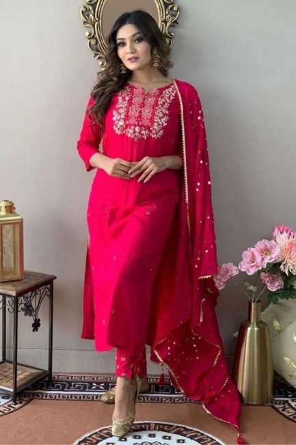 Pink Salwar Kameez in Viscose with Embroidered