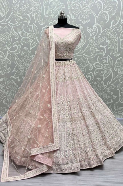 Pink Thread Net Wedding Lehenga Choli