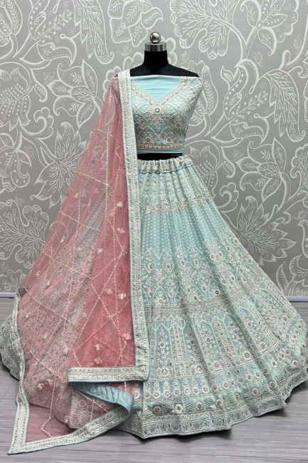 sky Blue Net Wedding Lehenga Choli with Thread