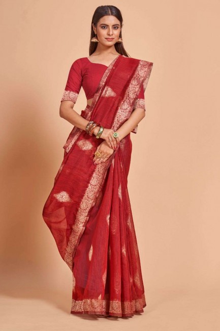 Red Cotton Party Wear Saree with Weaving