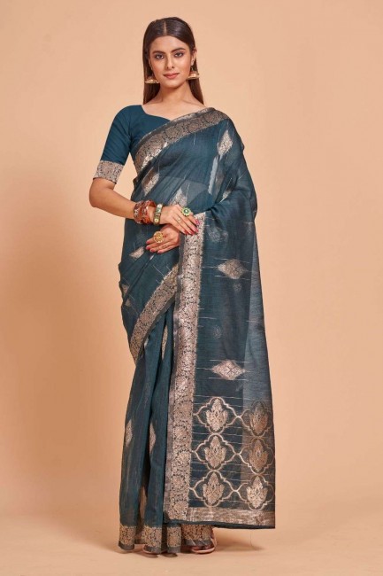 Cotton Rama blue Party Wear Saree with Weaving