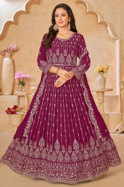 Faux georgette Maroon Anarkali Suit in Embroidered