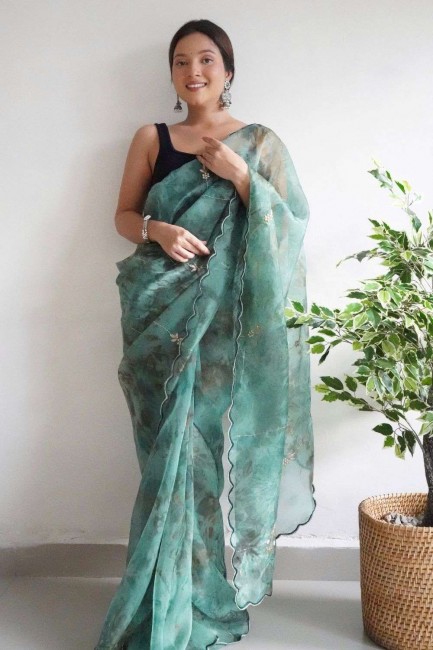 Saree in Green Organza with Digital print