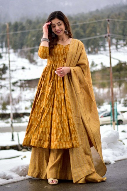 Muslin Palazzo Suit in Mustard yellow with Digital print