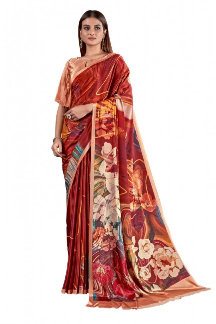 Rust brown Party Wear Saree with Digital print Silk crepe