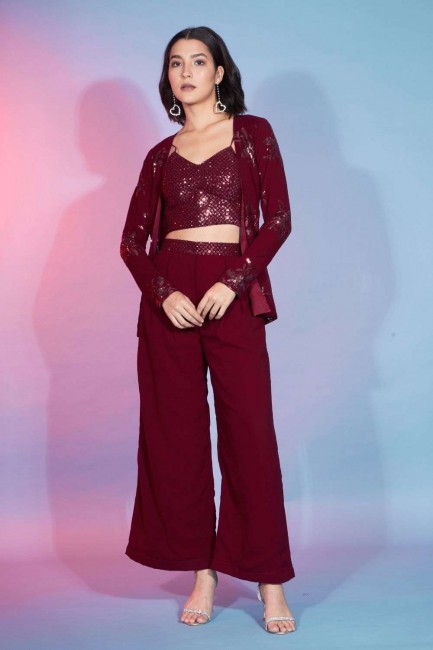 Georgette Embroidered Maroon Palazzo Suit