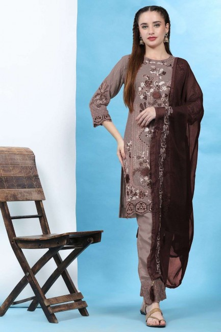 Brown Straight Pant Suit in Embroidered Georgette