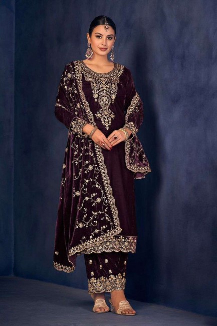 Velvet Purple Palazzo Suit in Embroidered