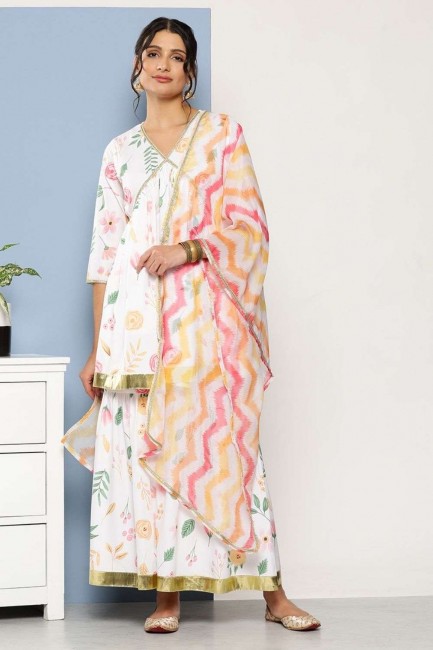 White Palazzo Suit in Printed Crepe
